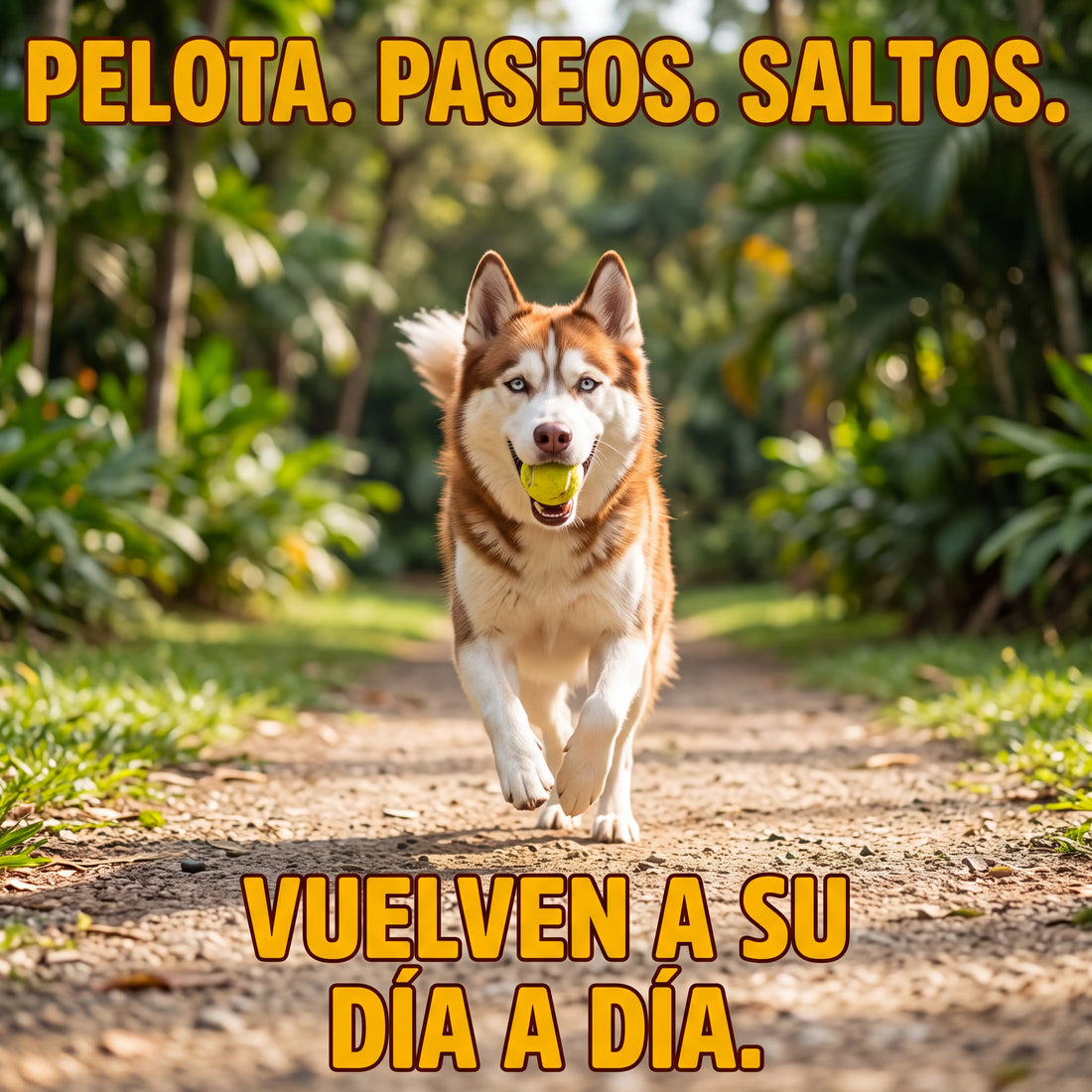 Husky café corriendo con una pelota: pelota, paseos y saltos vuelven a su día a día