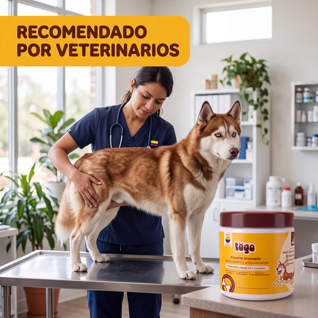 Recomendado por veterinarios: veterinaria revisando la cadera de un husky junto al frasco TOGO