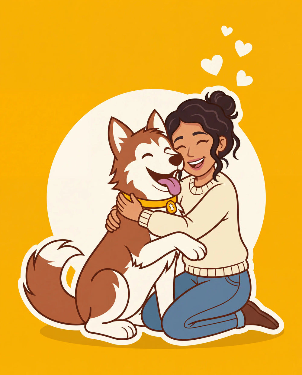 Una mujer abraza a Togo, el husky de TOGO; los dos sonríen